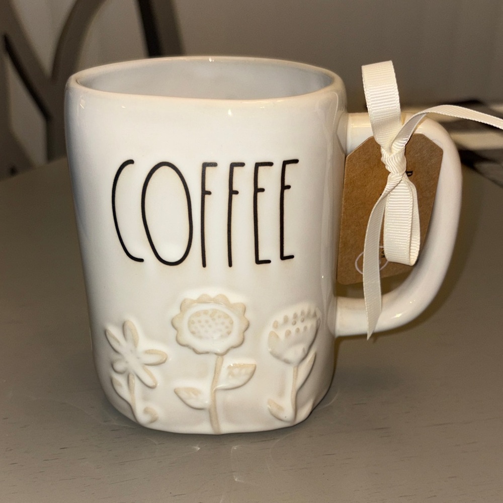 Rae Dunn White Coffee Mug with Floral Design